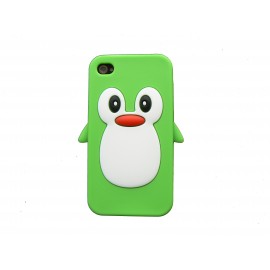 Coque pour Iphone 4 en silicone verte motif pingouin + film protection écran offert