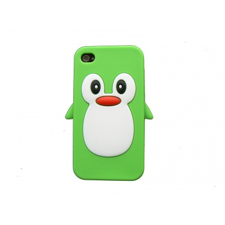 Coque pour Iphone 4 en silicone verte motif pingouin + film protection écran offert