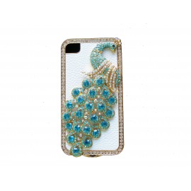 Coque pour Iphone 4 en simili-cuir blanc et paon strass bleues turquoises + film protection écran