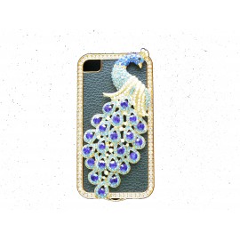 Coque pour Iphone 4 en simili-cuir noir et paon strass bleues  et diamants + film protection écran