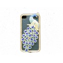 Coque pour Iphone 4 en simili-cuir noir et paon strass bleues  et diamants + film protection écran