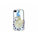 Coque pour Iphone 4 en simili-cuir blanc et paon strass diamants et saphirs+ film protection écran