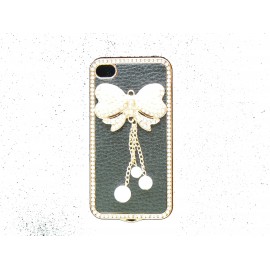 Coque pour Iphone 4 en simili-cuir noire et papillon perles de culture + film protection écran