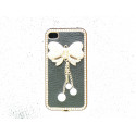 Coque pour Iphone 4 en simili-cuir noire et papillon perles de culture + film protection écran