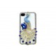 Coque pour Iphone 4 en simili-cuir blanc et paon strass diamants et bleues + film protection écran