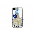 Coque pour Iphone 4 en simili-cuir blanc et paon strass diamants et bleues + film protection écran