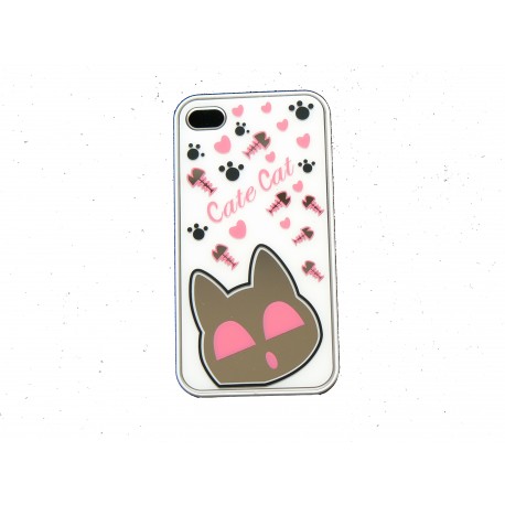 Coque pour Iphone 4 brillante blanche avec un chat miroir + film protection écran