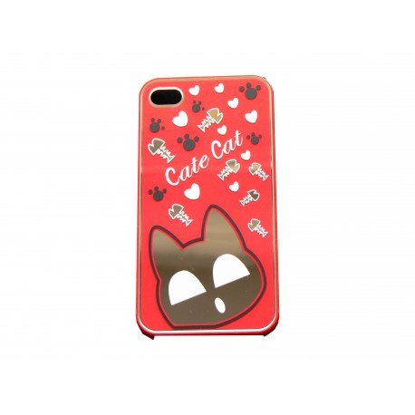 Coque pour Iphone 4 brillante rouge avec un chat miroir + film protection écran