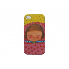 Coque pour Iphone 4 petite fille fond rose et jaune + film protection écran