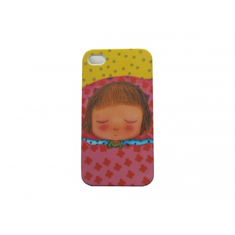 Coque pour Iphone 4 petite fille fond rose et jaune + film protection écran