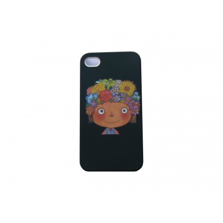 Coque pour Iphone 4 noire avec une petite fille fleur  + film protection écran