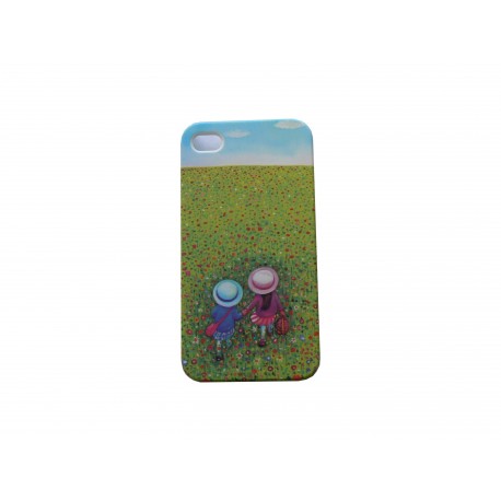 Coque pour Iphone 4 champs de coquelicots petit garçon petite fille  + film protection écran