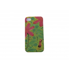 Coque pour Iphone 4 verte petite fille fleur rose  + film protection écran