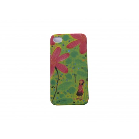 Coque pour Iphone 4 verte petite fille fleur rose  + film protection écran