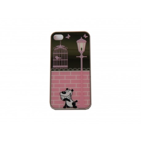 Coque pour Iphone 4 brillante rose et miroir petit chien + film protection écran