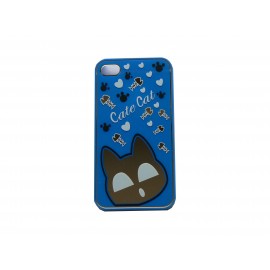 Coque pour Iphone 4 brillante bleue avec un chat miroir + film protection écran