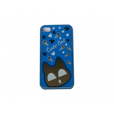 Coque pour Iphone 4 brillante bleue avec un chat miroir + film protection écran