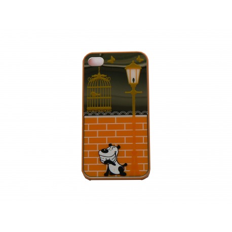 Coque pour Iphone 4 brillante orange et miroir petit chien + film protection écran