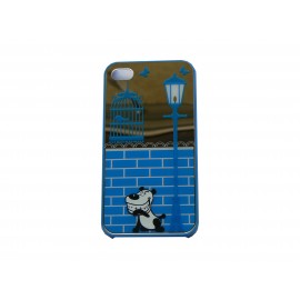 Coque pour Iphone 4 brillante bleue et miroir petit chien + film protection écran