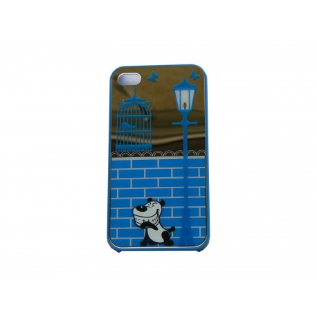 Coque pour Iphone 4 brillante bleue et miroir petit chien + film protection écran