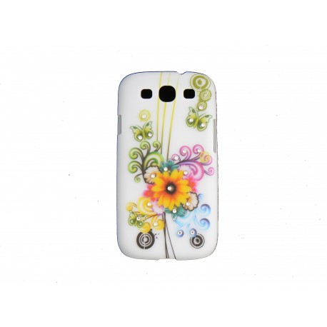 Coque pour Samsung I9300 Galaxy S3 blanche fleurs multicolores strass diamants+ film protection écran offert