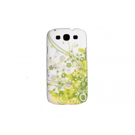 Coque pour Samsung I9300 Galaxy S3 blanche fleurs vertes strass diamants+ film protection écran offert