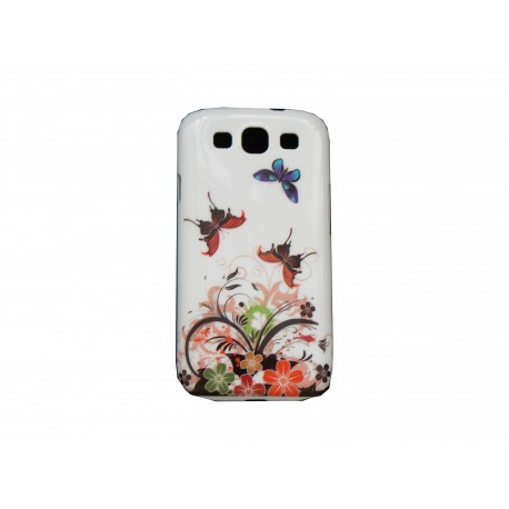 Coque pour Samsung I9300 blanche fleurs et papillons multicolores + film protection écran offert