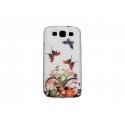 Coque pour Samsung I9300 blanche fleurs et papillons multicolores + film protection écran offert