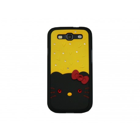 Coque pour Samsung I9300 Galaxy S3 noire/jaune chat nud rouge strass diamants + film protection écran offert