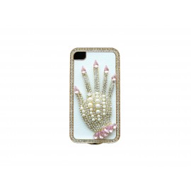 Coque pour Iphone 4S simili-cuir blanc avec main strass diamants + film protection écran