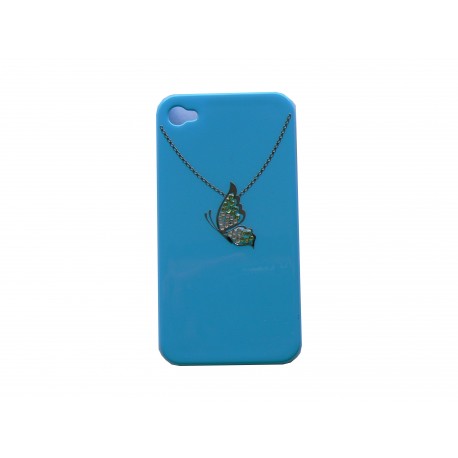 Coque pour Iphone 4S bleue pendentif papillon en strass + film protection écran