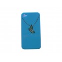 Coque pour Iphone 4S bleue pendentif papillon en strass + film protection écran