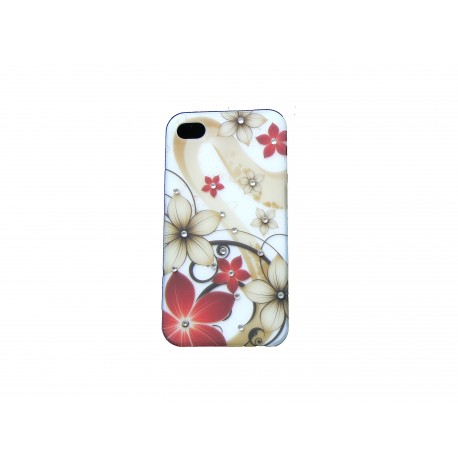 Coque pour Iphone 4S blanche fleurs marrons et rouges strass diamants + film protection écran