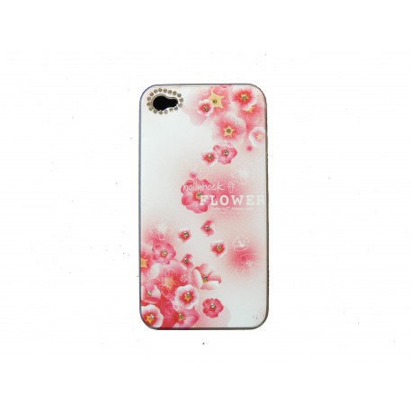 Coque pour Iphone 4S blanche fleurs roses strass diamants + film protection écran