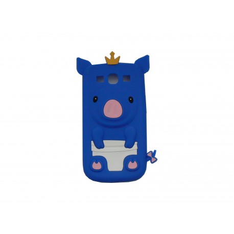 Coque pour Samsung I9300 Galaxy S3 silicone cochon bleu + film protection écran offert