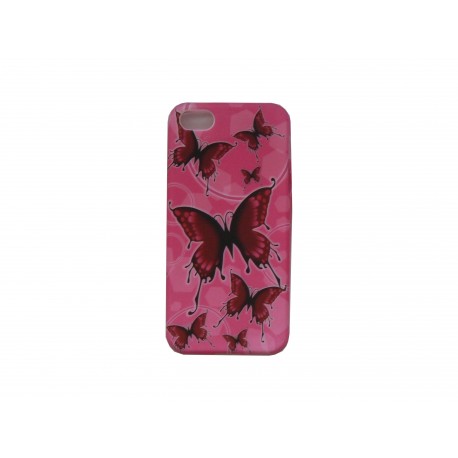 Coque pour Iphone 5 rose papillons rouges  + film protection écran offert