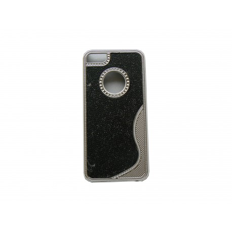 Coque pour Iphone 5 noire paillettes argents contour métal + film protection écran offert