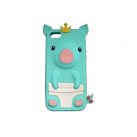 Coque pour Iphone 5 silicone cochon bleu turquoise + film protection écran offert