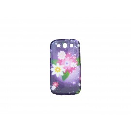 Coque pour Samsung I9300 Galaxy S3 violette fleurs blanches effet gouttes d'eau + film protection écran offert