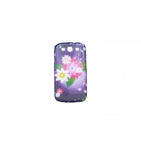 Coque pour Samsung I9300 Galaxy S3 violette fleurs blanches effet gouttes d'eau + film protection écran offert