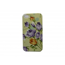 Coque pour Iphone 4 mate verte fleurs mauves + film protection écran offert